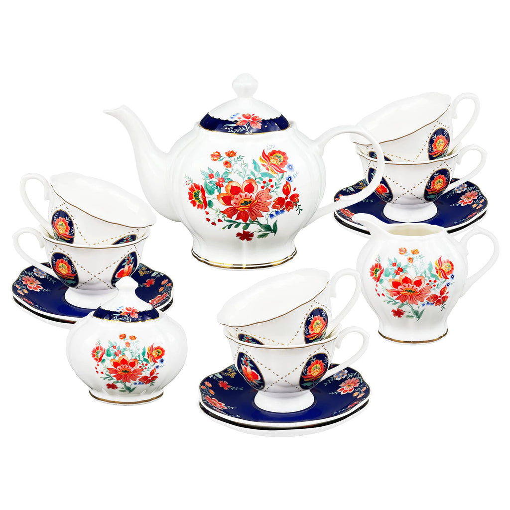 fanquare 21 Piece Old Victorian Porcelain Tea Set for 6, Royal British Floral Tea Cup Set for Women, Wedding Tea Party Set for Adults