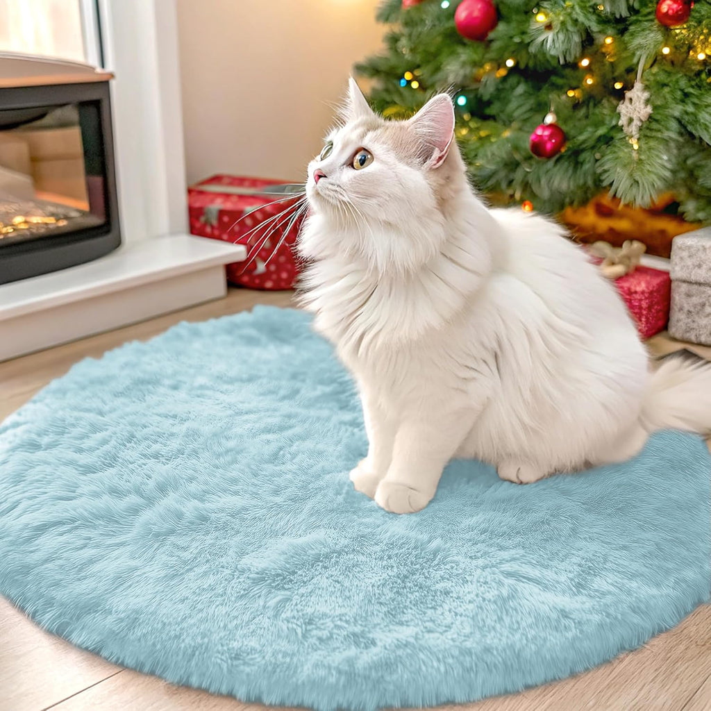 OLANLY Light Blue Round Rug - Soft, Fluffy Shaggy Carpet for Bedroom & Living Room | 2 ft Machine Washable