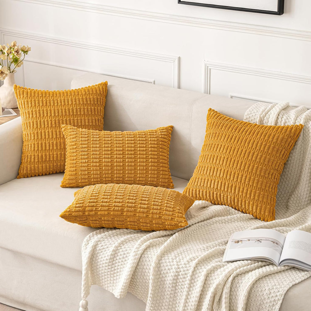 MIULEE Corduroy Throw Pillow Covers - Soft Boho Striped Design | 16x16 Inch, Gold Yellow for Modern Home Decor