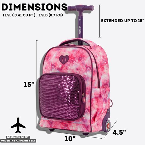 J World New York Sparkle Kids Rolling Backpack. Carry-On Luggage with Wheels, Purple Galaxy