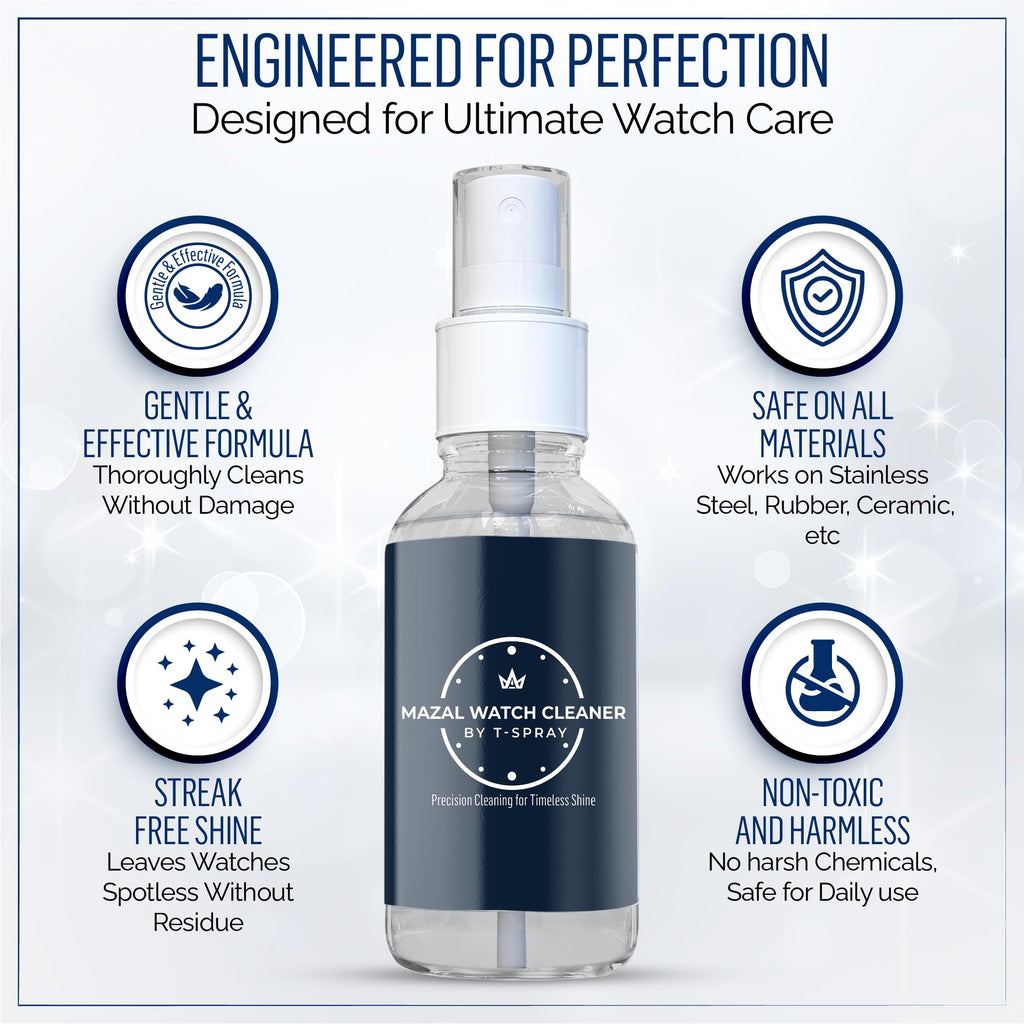 Mazal Watch and Jewelry Cleaner Spray kit. Cleaning Solution -Safe on All Metals, Crystals, Gold, Platinum, Precious Gemstones, Diamond Jewelry- Quick, Long Lasting Shine- TSA Approved 2oz