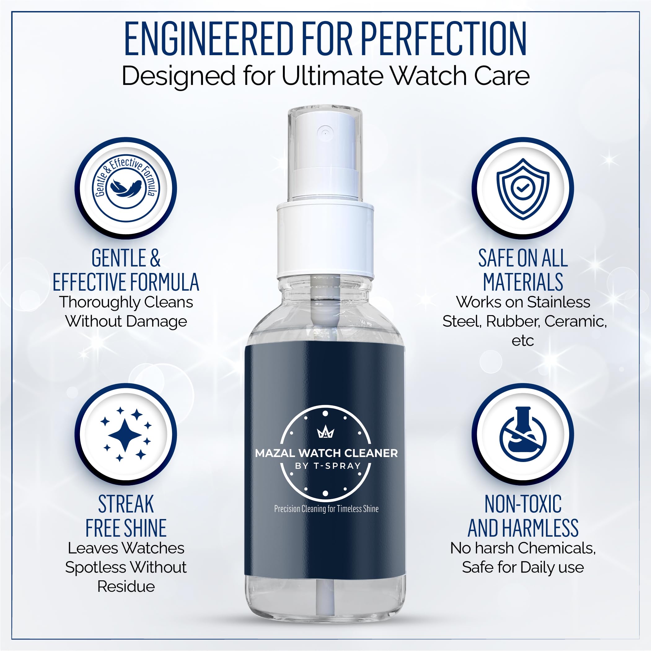 Mazal Watch and Jewelry Cleaner Spray kit. Cleaning Solution -Safe on All Metals, Crystals, Gold, Platinum, Precious Gemstones, Diamond Jewelry- Quick, Long Lasting Shine- TSA Approved 2oz