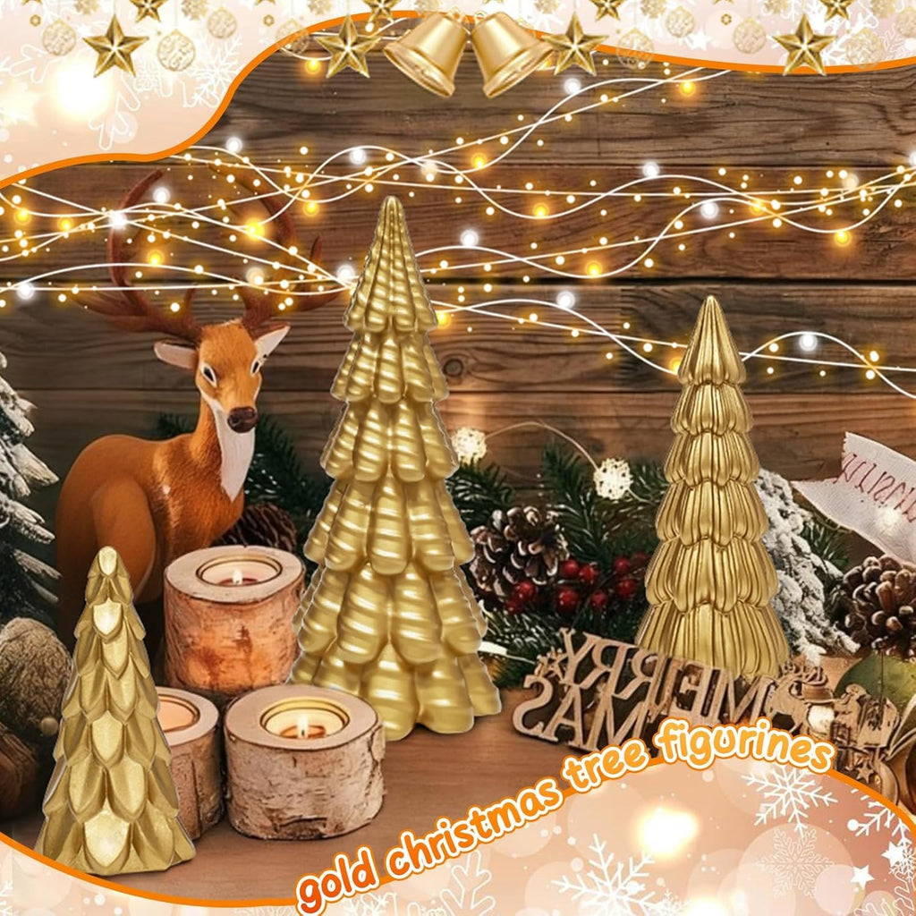 Warmtree Gold Christmas Tree Figurines Set - 3 Pcs Small Resin Tabletop Decor for Indoor Holiday Home Styling