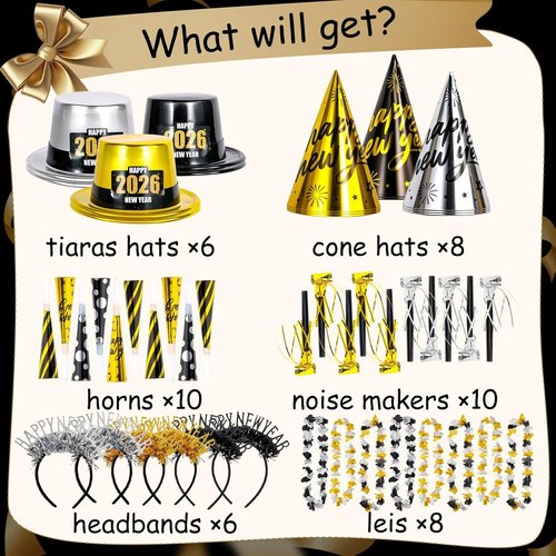 Atonofun New Year's Eve Party Supplies - 48 Pcs for 20 Guests | Hats, Horns, Headbands & More