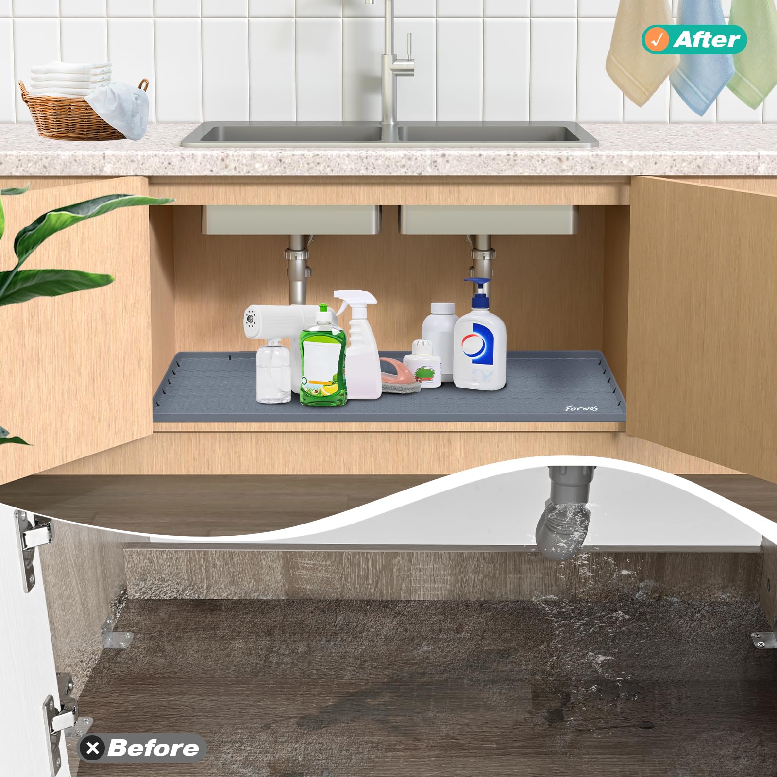 FORWOS Waterproof Under Sink Mat 28" x 19", Silicone Cabinet Liner, Rubber Protector for Kitchen and Bathroom, Keeps Cabinets Clean, Dry, and Organized (Grey)