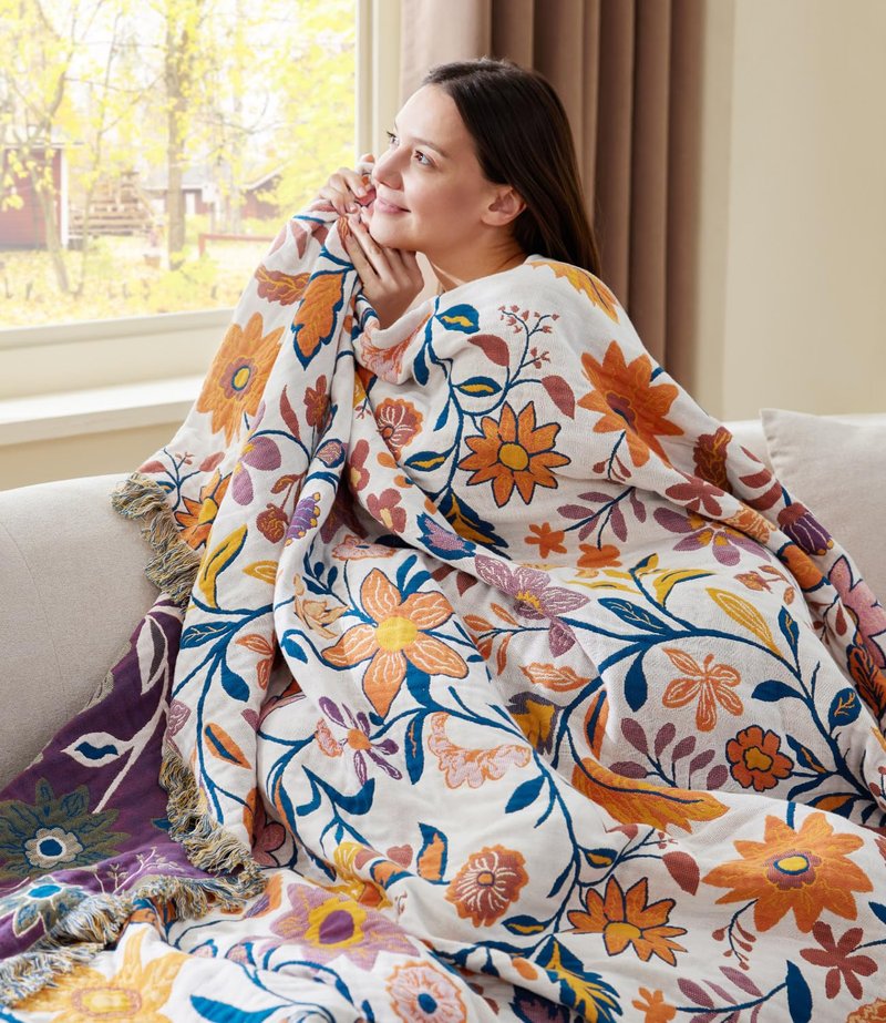 100% Cotton Boho Throw Blanket for Home Decor – Classic Farmhouse Quilt Bedding, Muslin Blankets for Adults, Vintage Woven Decorative Blanket for Couch, Bed Layering Use, Botanic Floral, 50"x60"