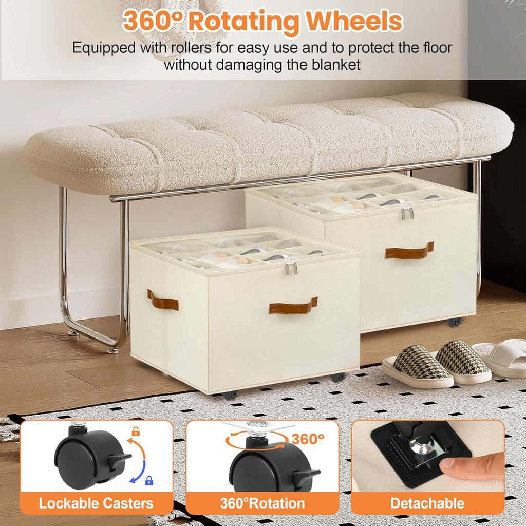 Skiennix Shoe Organizer - 2 Pack Stackable Storage Box with Wheels & Adjustable Dividers | Fits 16-32 Pairs, Beige