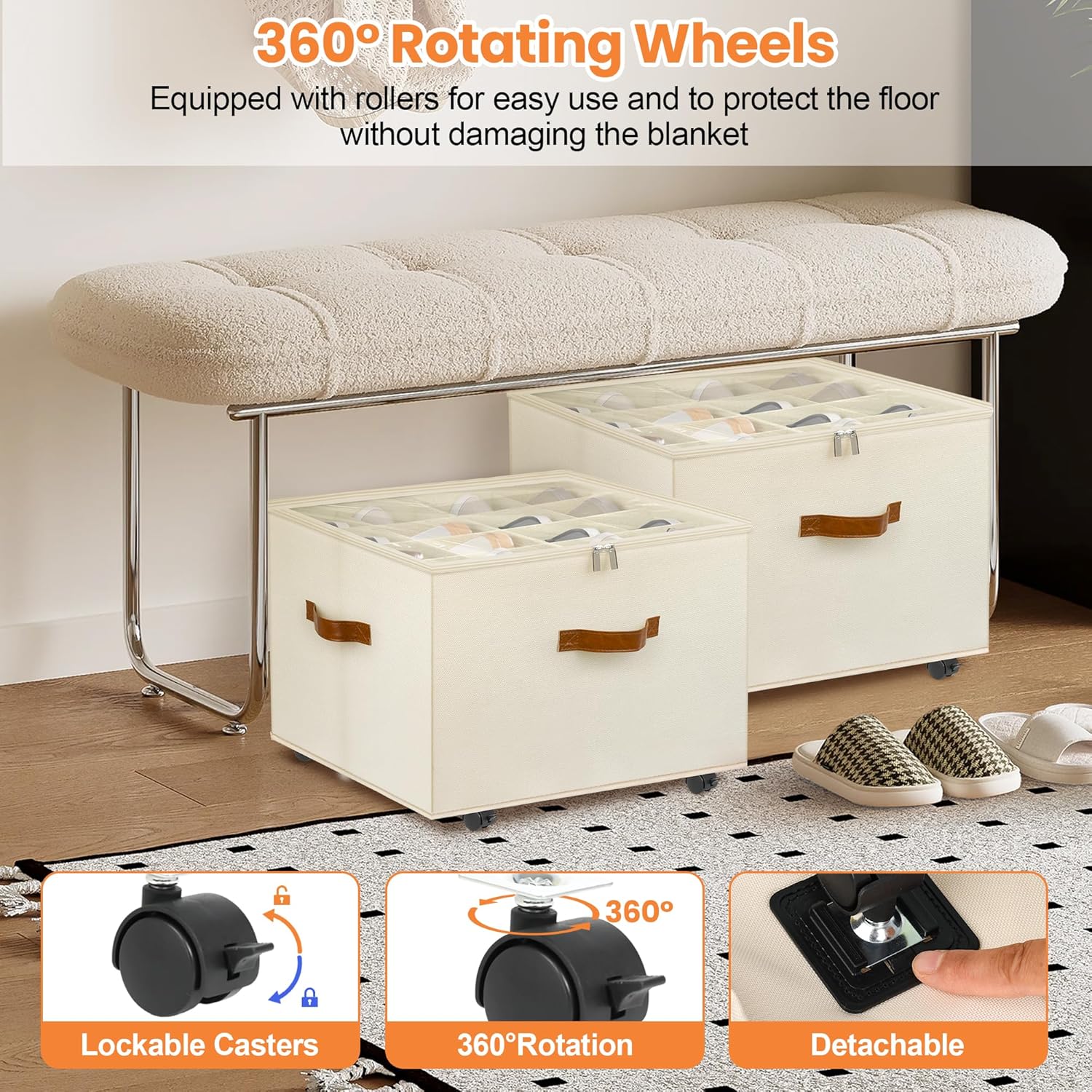 Skiennix Shoe Organizer - 2 Pack Stackable Storage Box with Wheels & Adjustable Dividers | Fits 16-32 Pairs, Beige