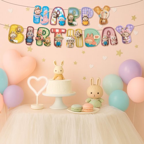 IndoTribe Pink Happy Birthday Banner - Pre-Strung,No DIY Cute Cartoon Theme Happy Birthday Sign Birthday Decorations for Girls Reusable Happy Bdy Backdrop for Women