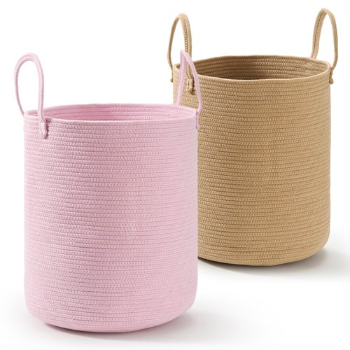 Happyiren 2-Pack Extra Large Cotton Rope Hamper Baskets – 15"x18" Oversized Woven Storage Bins for Blankets, Toys, Dirty Clothes – Pink & Beige Decorative Hamper for Nursery, Living Room, Laundry Room