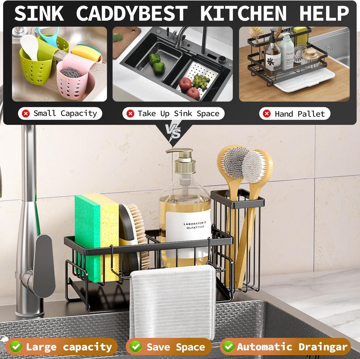 Skiennix Sponge Holder & Sink Caddy Organizer - Rustproof Kitchen Storage Solution (Carbon Black)