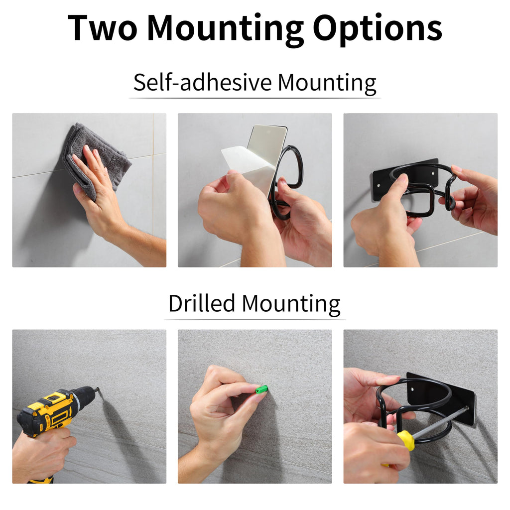 YIGII Universal Hair Dryer Holder Wall Mounted, Self Adhesive Blow Dryer Hanger Compatible with Most Hair Dryers, Stainless Steel Hairdryer Holder Rack for Bathroom Cabinet (Black)