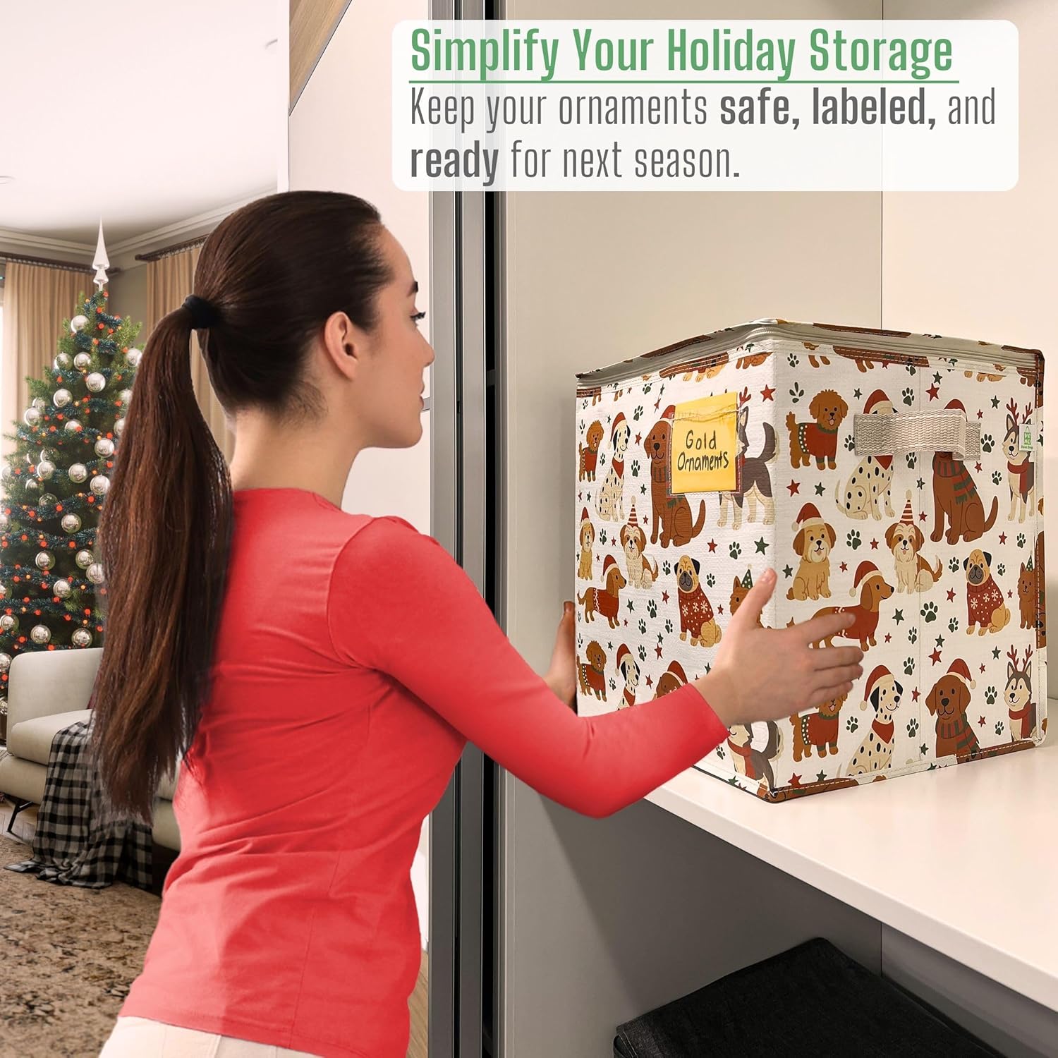 VENO Christmas Ornament Storage Box - 2 Pack with Adjustable Dividers & Zippered Top | Holds 64 Ornaments, 3 Inch Cube Compartments (Holiday Pups)