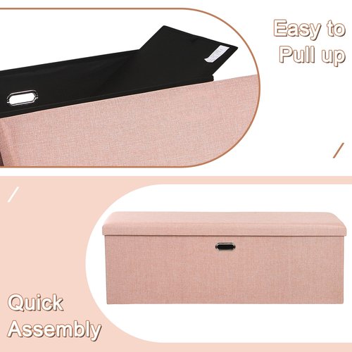 VECELO 43'' Folding Storage Ottoman Bench, End of Bed Linen Fabric Foot Rest Stool with Padded Seat, Large Footstools for Bedroom, Living Room, Load 660 lb, Pink
