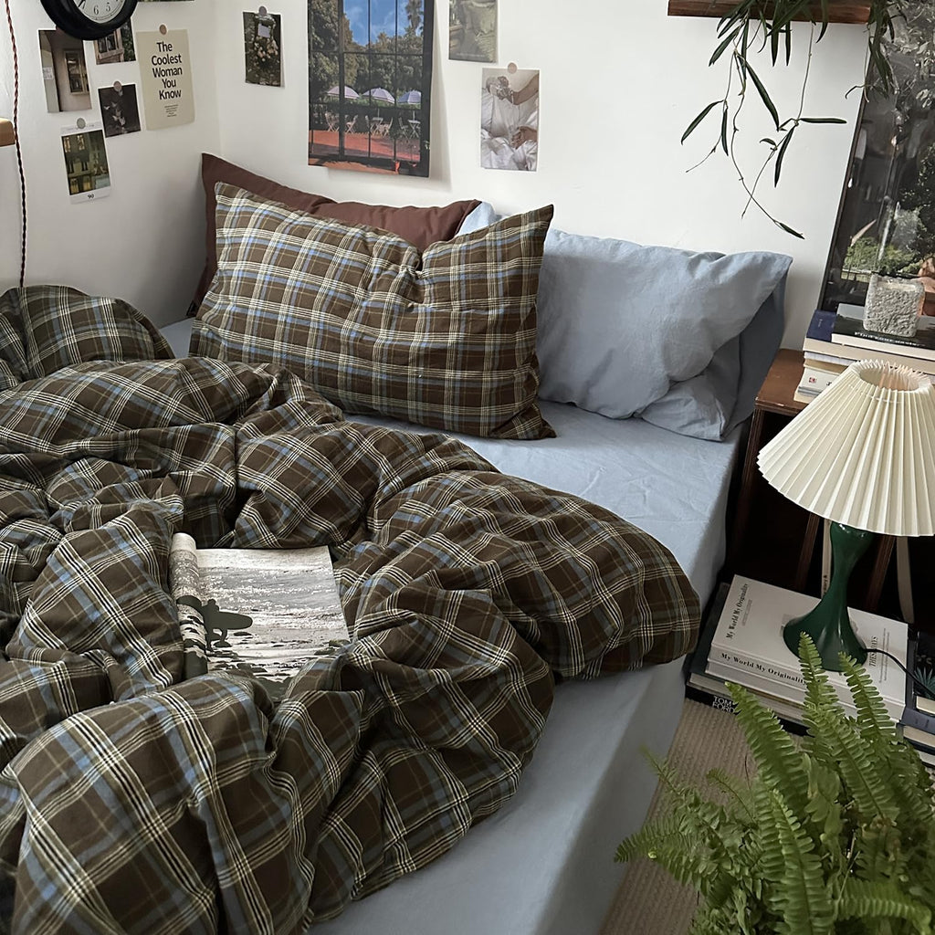 Mixinni Vintage Buffalo Plaid Duvet Cover Set - Soft & Breathable 3-Piece Queen Bedding in Brown & Blue