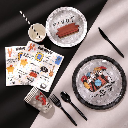 161CT iFriends Party Supplies Disposable iFriends Dinner Plates Cups Straw Napkins Spoon Fork knives Tablecloth, iFriends Birthday Party Decorations and Party Tableware Serves 20 Guests, Black