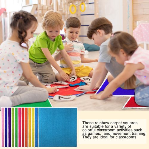 Drydiet 24 Pcs Kids Carpet Square Seats 16 Inch Rainbow Floor Rug Mats Colorful Non Slip Soft Floor Rug Cushions for Classroom School Learning Area Group Activity Home Play Area
