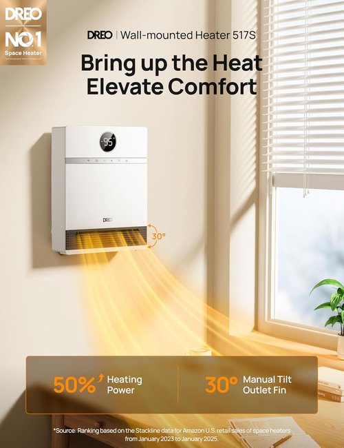 DREO Smart Wall Heater - IP24 Electric PTC Space Heater with 30° Oscillation & Remote Control | Ideal for Home & Office