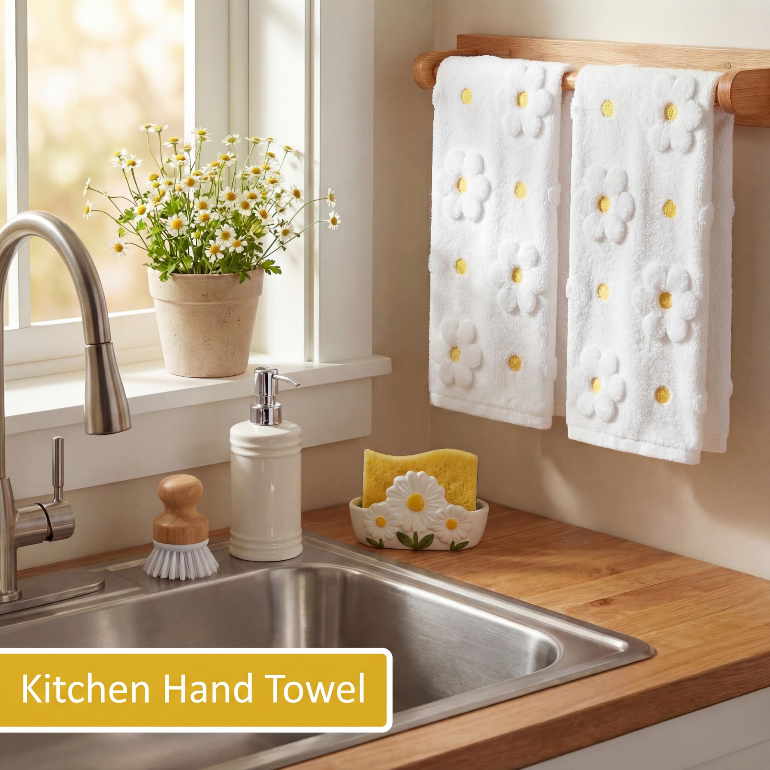 Mindsoft 2 Pcs Daisy Hand Towels for Bathroom Coquette Hand Towels 100% Cotton Absorbent Decorative Jacquard Weave Bath Decor Preppy Kitchen Decor Gift(Yellow)