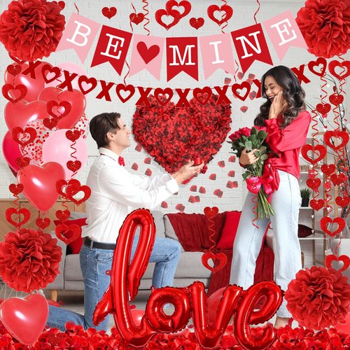 Red Valentines Day Decorations, BE MINE Banner and Heart Hanging, Heart XO Garlands, Red Paper Pompoms, Rose Petals, Love Foil Balloons with Valentines Balloons, for Wedding Anniversary Party Decor