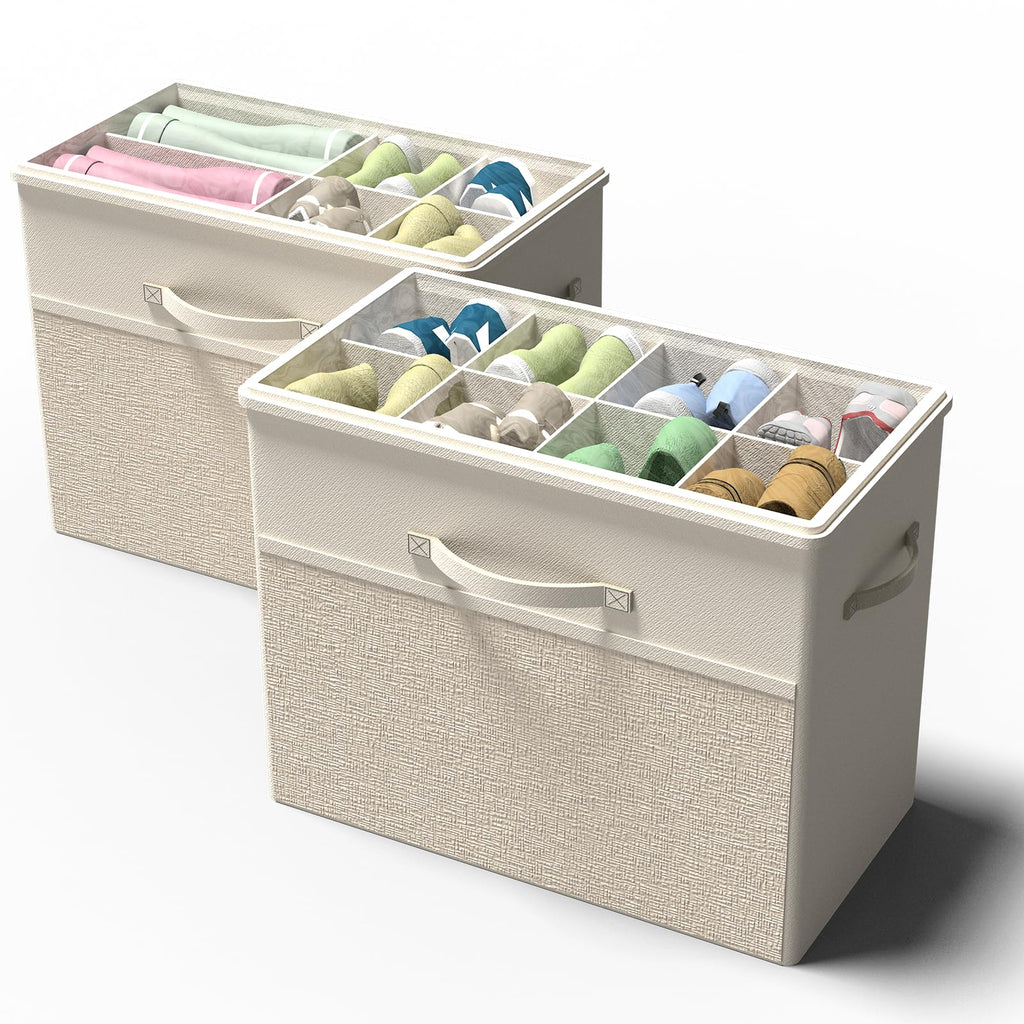 BFLBFL 2 Pack Shoe Organizer for Closet, Clear Foldable Shoe Storage Containers Fits 14 Pairs,Shoe Storage Bins Baskets Boxes with Reinforced Handles Beige Shoes Organize