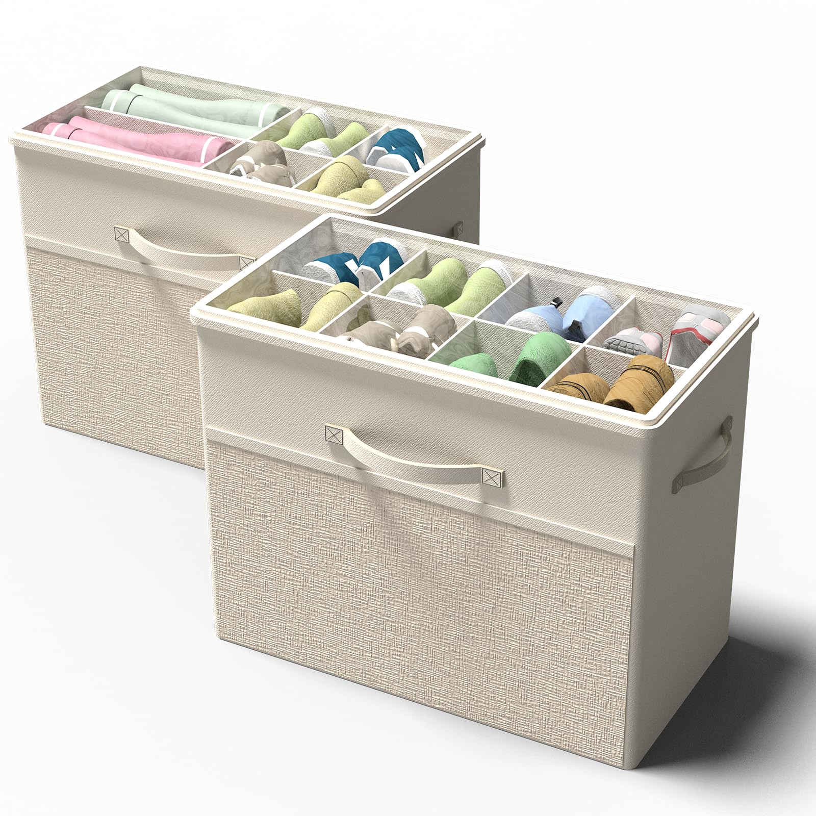 BFLBFL 2 Pack Shoe Organizer for Closet, Clear Foldable Shoe Storage Containers Fits 14 Pairs,Shoe Storage Bins Baskets Boxes with Reinforced Handles Beige Shoes Organize