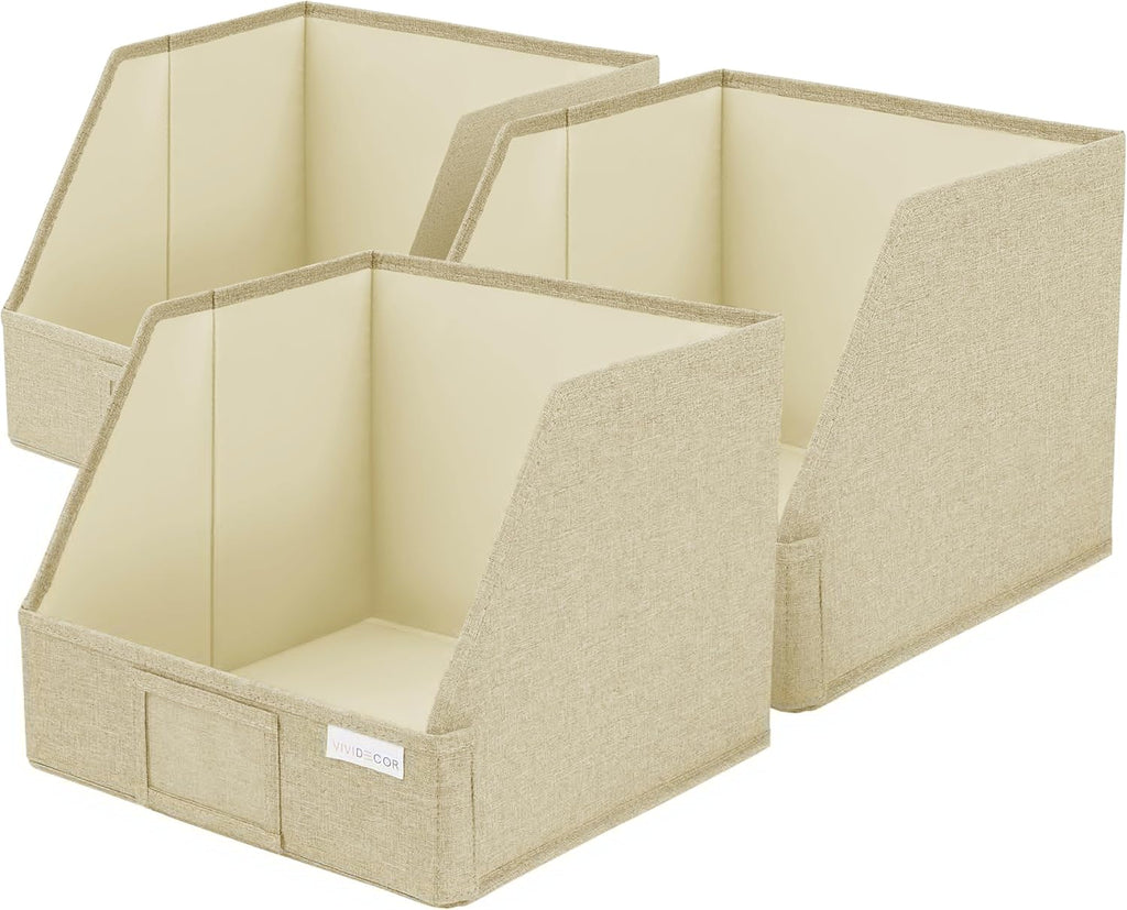 VIVIDECOR Trapezoid Storage Bins - 3-Pack Foldable Fabric Closet Organizers | Beige Cube Baskets for Clothes
