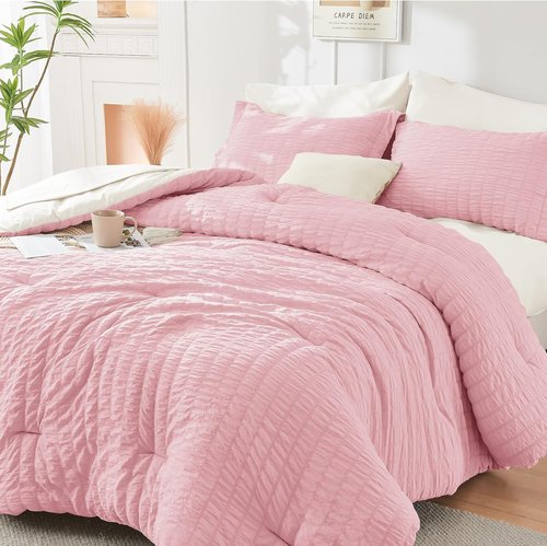 HYMOKEGE Twin Comforter Set - Luxury 5-Piece Bedding Set in Pink/Ivory | All-Season Seersucker Design