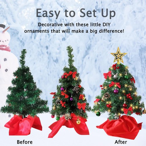 Juegoal 2 Pack Mini Christmas Tree Set - 24 Inch Tabletop Artificial Trees with 50 LED Lights & Ornaments