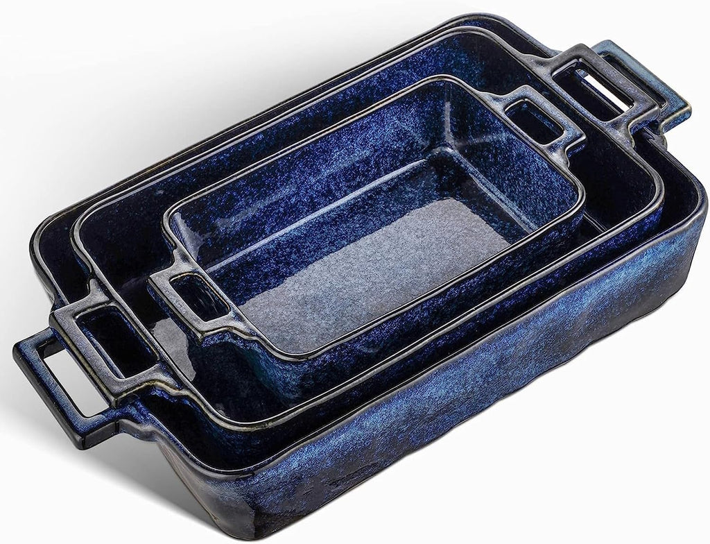 VICRAYS Ceramic Bakeware Set - Porcelain Lasagna Pans for Baking & Cooking | 3-Piece, 15 x 8.5 Inches (Blue)