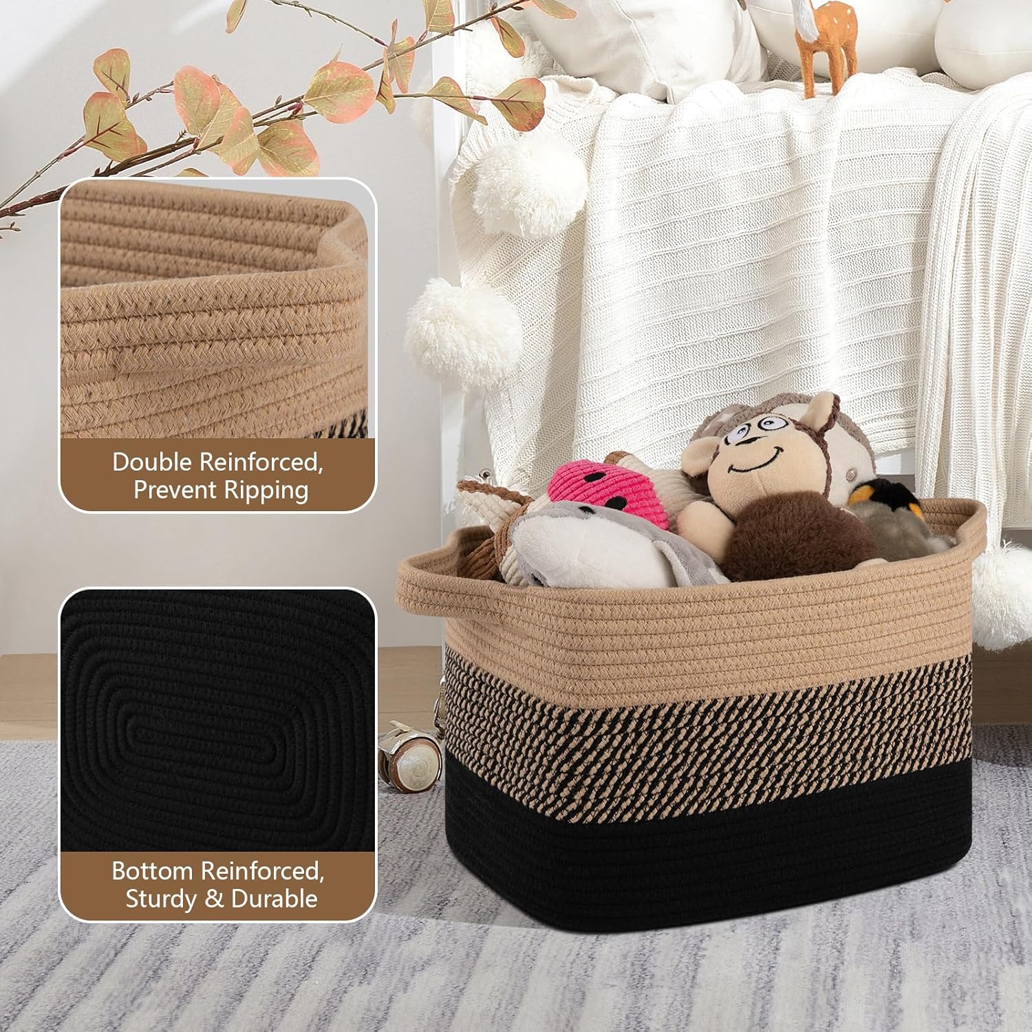 OIASKET Storage Basket - Woven Organizing Bins for Toys, Books & Nursery | Pack of 3 (Black & Brown, 13"x9.85"x8.7")