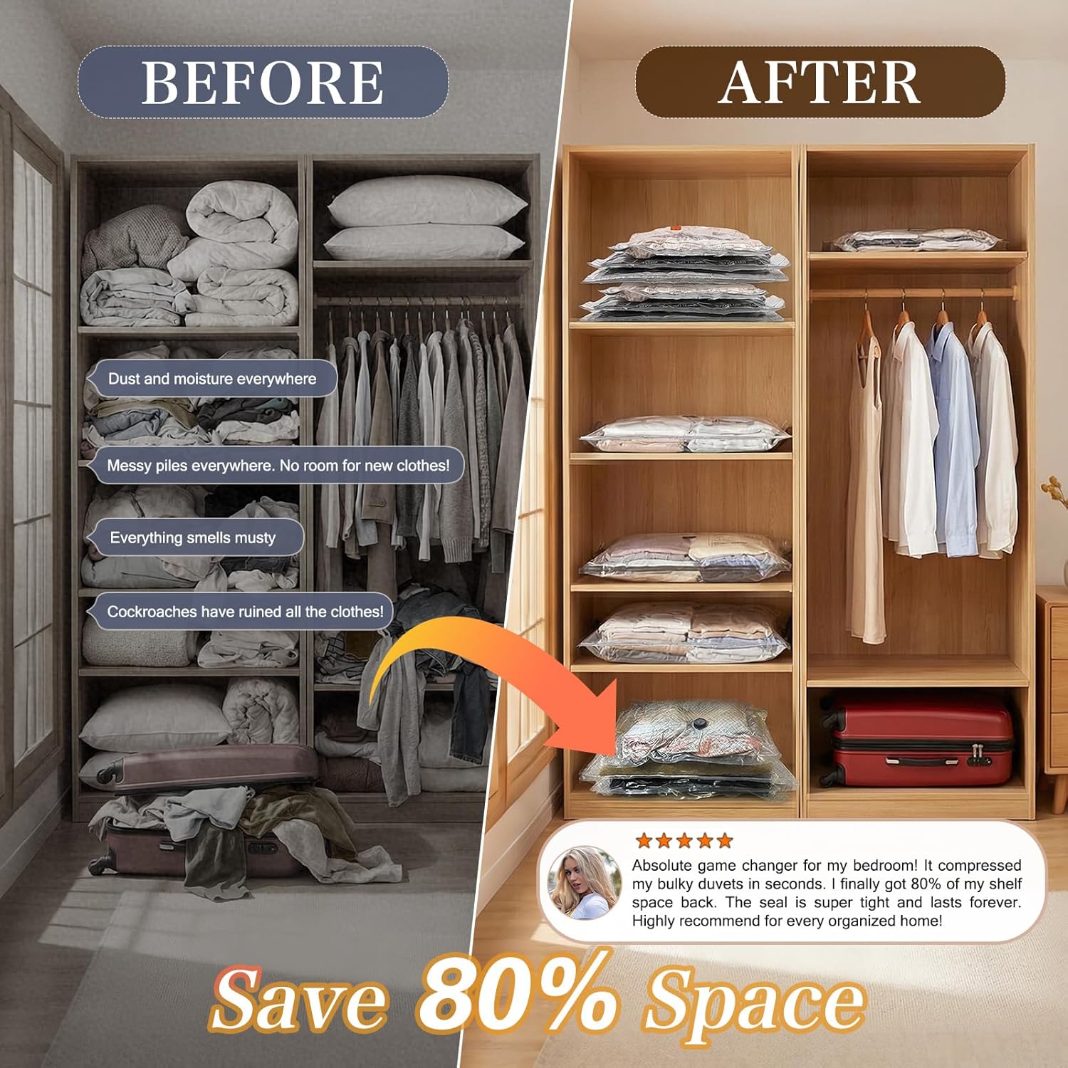 QcoQce Vacuum Storage Bags - Rechargeable Electric Pump Included | Space Saver for Clothing & Bedding