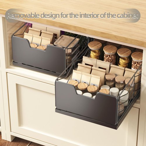 NETEL 2 Pack Pull Out Cabinet Organizer, No Drill Slide Out Drawers for Kitchen Cabinets, Peel and Stick Pull Out Drawers, Kitchen Cabinet Organizer,Black,11.8" W X 20.86" D X 6.9" H