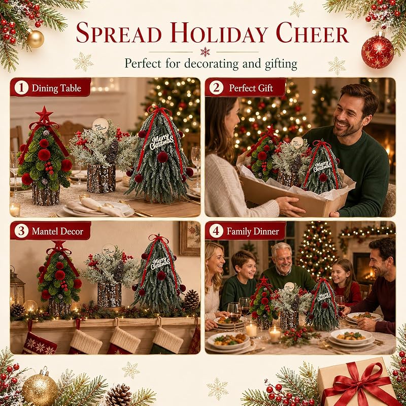 2 Pack Mini Christmas Trees with Red Velvet Pine Needles – Tabletop Decor, Rustic Stump Base
