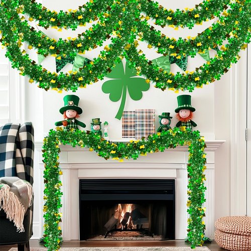 3 Pack Total 49.2 Ft St.Patrick's Day Tinsel Garlands Decorations DIY Shamrocks Wreath for Front Door Irish Leprechaun Hat St.Patrick's Day Decorations Outdoor Indoor Home,16.4Ft by 4.3",Green Gold