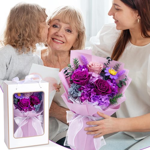 Waipfaru Preserved Flowers, Purple Fresh Bouquet with Gift Box, Flowers for Delivery Prime, Forever Flowers for Women Birthday Gift, Anniversary, Teacher, Mother Day, Valentines Day Gifts for Her