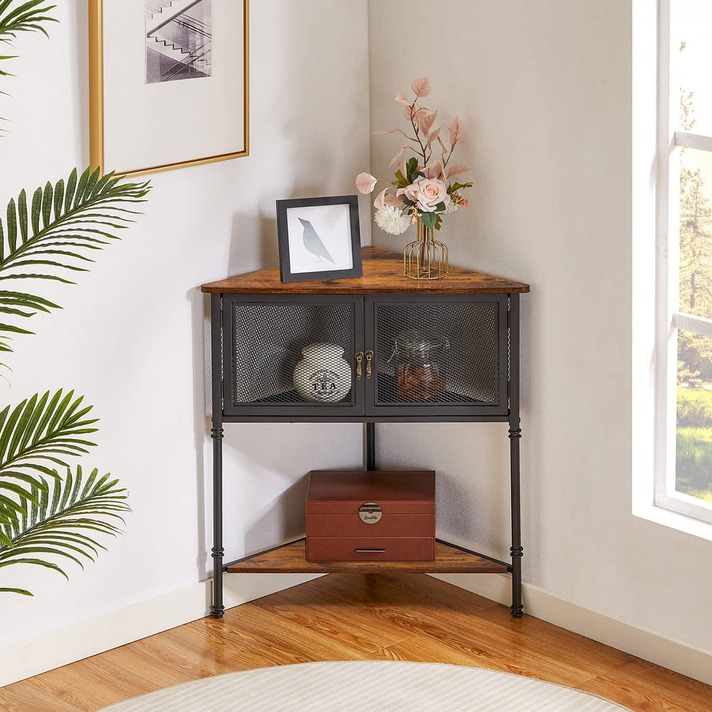 VECELO 3-Tier Corner Shelf with Storage Cabinet, 29" Tall Multiple Purpose Free Standing Shelves Organizer for Small Spaces, Living Room, Bedroom, Kitchen, Balcony, Brown