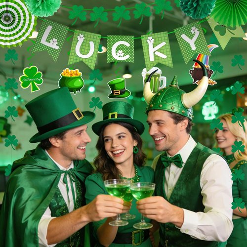 Butie 41 Pcs St Patricks Day Decorations, Pre-Assembled Shamrock Banner Garland, Hanging Swirls, Paper Fans & Pompoms for Office & Home Wall Door, Irish Party Supplies