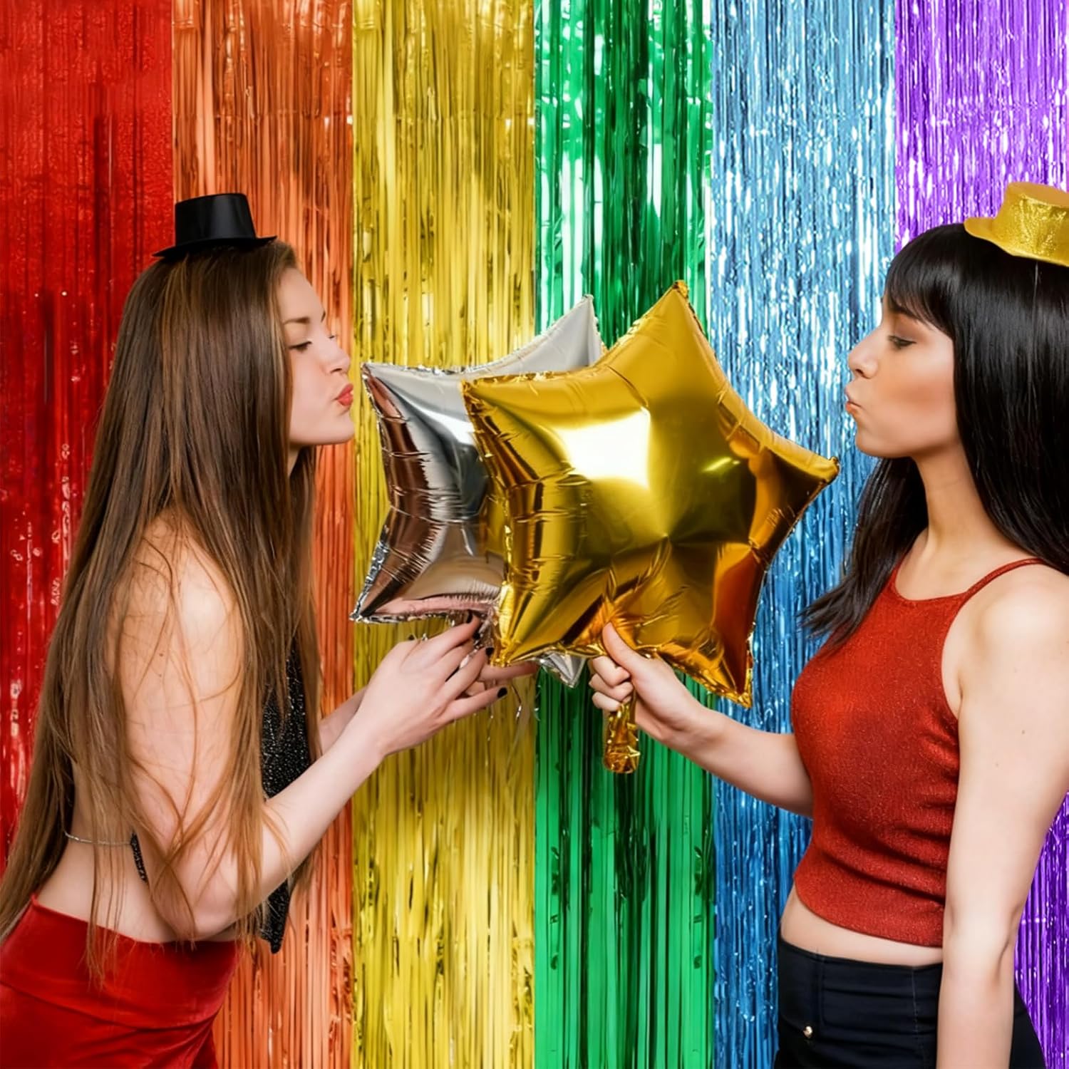 Skiennix Rainbow Backdrop - Colorful Tinsel Curtain Party Decorations | 2 Pack for Birthdays & Events