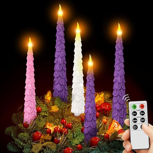 Baquler Flameless Advent Candle Set - 10 Inch LED Taper Candles with Remote Timer | Purple, Pink, White