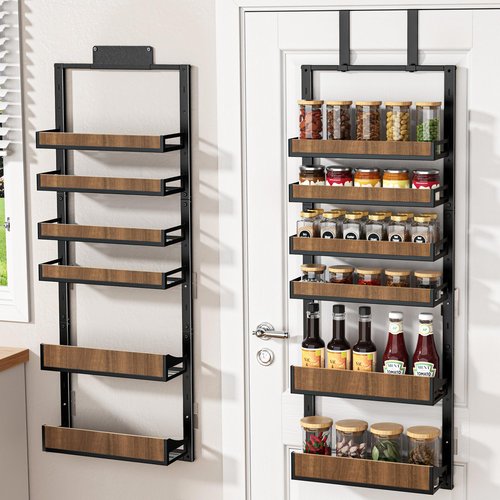Aquzee Pantry Door Organizer, 6-Tier Over the Door Pantry Organizer, 2 IN 1 Hanging Wall Mount Spice Rack, Adjustable Baskets, Heavy Duty Spice Organization for Cabinet Kitchen Closet