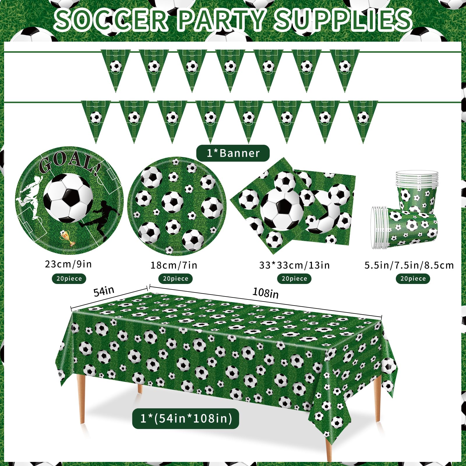 Soccer Birthday Party Decorations Includes Plates Napkins Banner Cups Tablecloth for Soccer Sports Theme Birthday Party Decorations, Serve 20