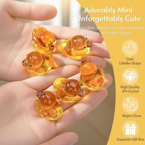 H&D Hyaline & Dora Mini Yellow Glass Duck Figurines - 6 Pcs Crystal Animal Sculptures for Home Decor | 1.3 Inch