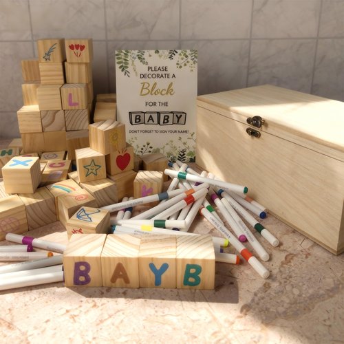 VELLCHO 98PCS Baby Shower Games Sign Kit, Baby Shower Blocks to Decorate - 60 Blank Wooden Blocks(1.5 inches Each),36 Markers,a Baby Shower Sign and Wooden Storage Box,Fun Party Favors