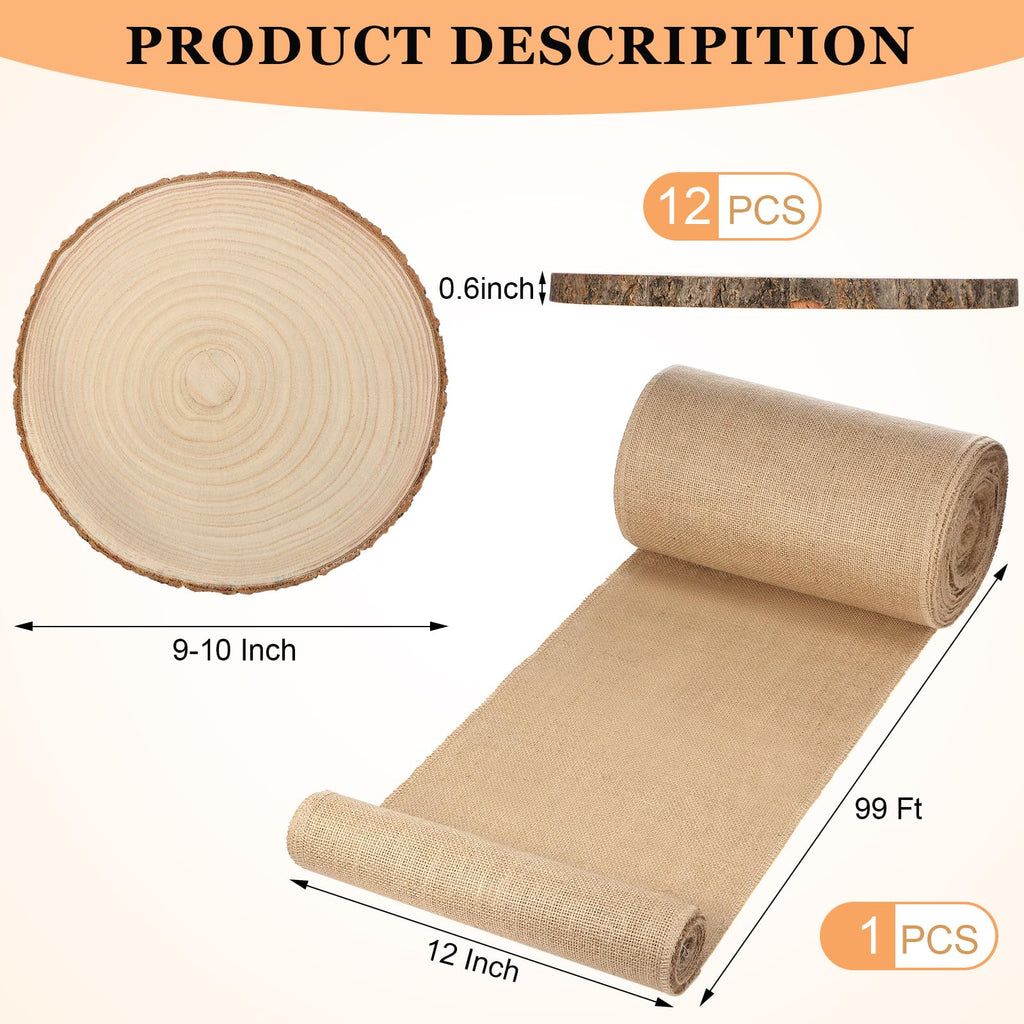 Tioncy Burlap Table Runner Kit Rustic Farmhouse Party, Natural Burlap Table Runner and Wood Centerpieces for Wedding,Christmas, Baby Shower,Birthday, Kitchen Coffee(100ft,12 Pcs)