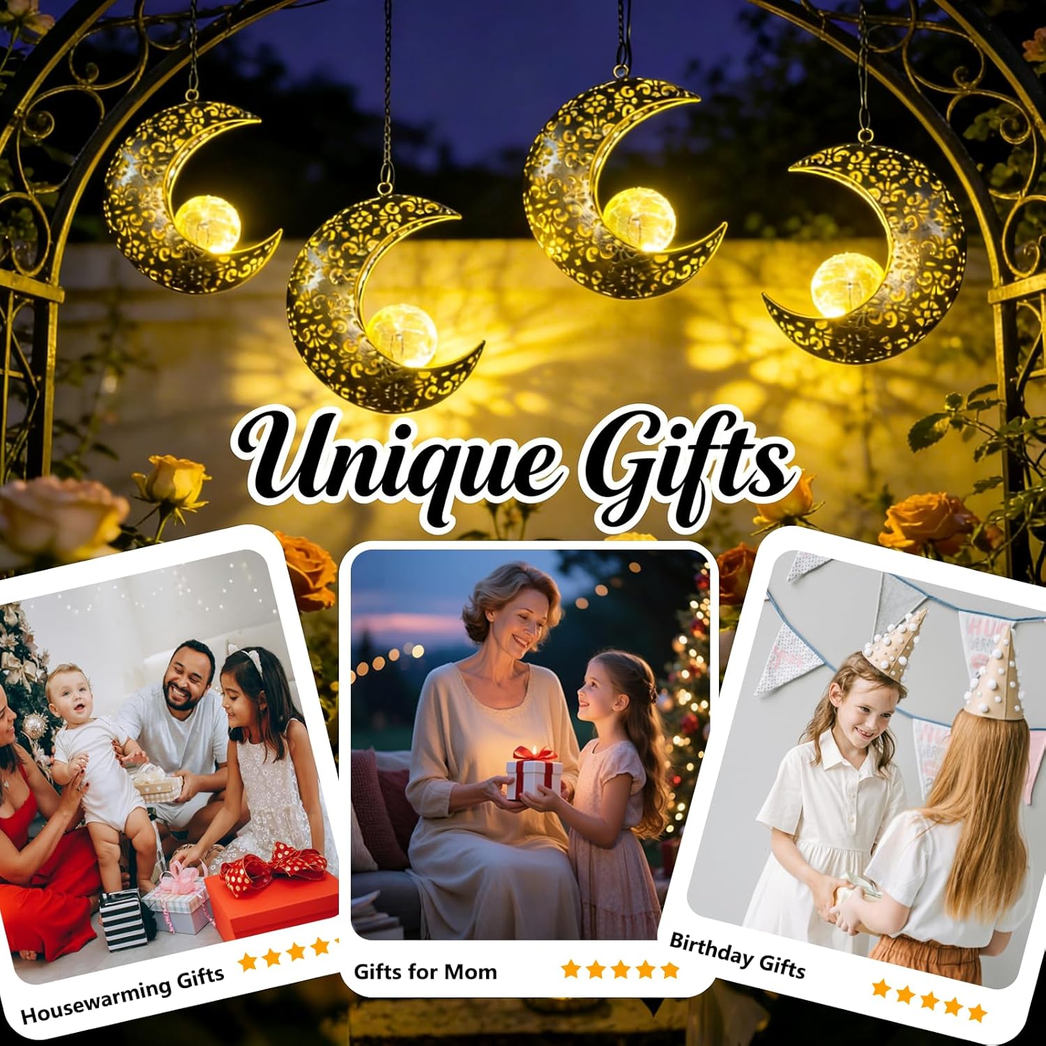 Skiennix Solar Garden Hanging Moon Lights - Unique Metal Lanterns for Outdoor Decor | Perfect Housewarming Gift for Women