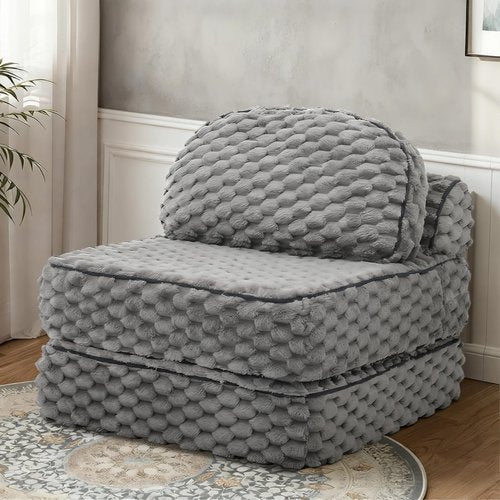 MALOL Folding Sofa Bed, 3-in-1 Convertible Sleeper Chairs with Pillow,Back Support, Fuzzy Fabric Floor Couch Bed for Adults, Boneless Couches Living Room, Bedroom, Apartment, Grey