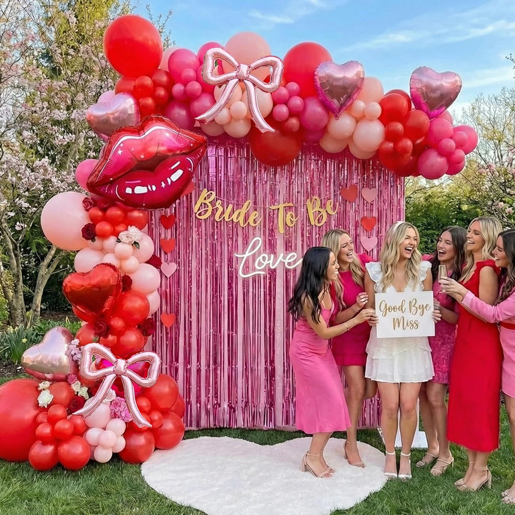 Galentine's Day Balloon Arch Kit - 133 Pcs Pink Red GALS Letter Balloons, Heart, Lip & Bow Foil Balloons with Pink Curtain for Valentine's Day, Bachelorette, Birthday Party Decorations