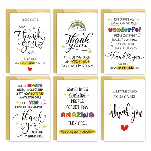 Qiyepbro 6 Pcs Thank you Cards with Envelope, 8 x 5.3 Inches, Appreciation Card for Men Women, Lovely Thank You Gifts Card for Friend, Coworker, Teacher