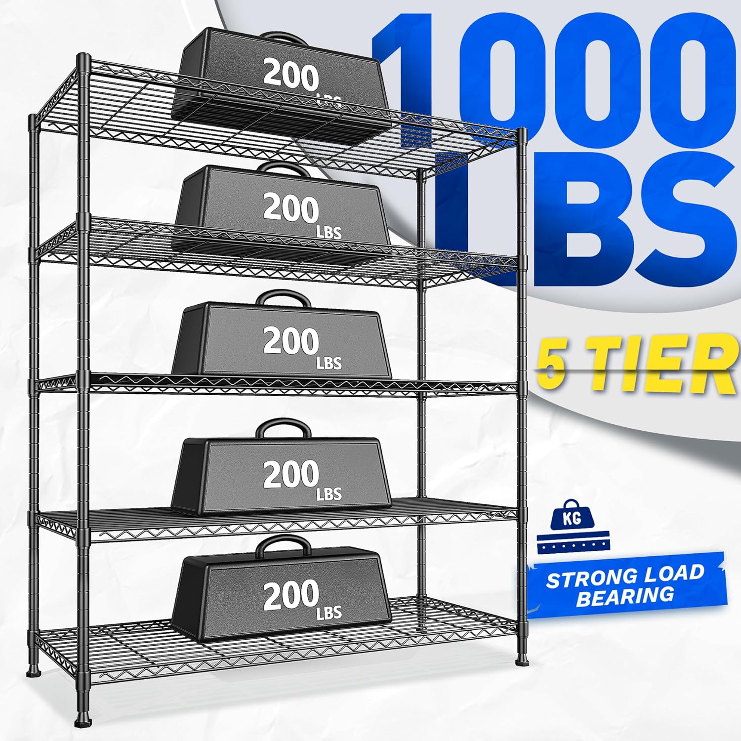 Skiennix 5-Tier Wire Shelving Unit - Adjustable Metal Storage Rack for Kitchen, Pantry, Garage | 45" W x 13.5" D x 70.5" H - Black